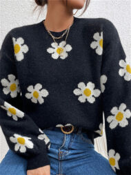 Women's Trendy Floral Printed Round Neck Puff Sleeve Sweaters - Image 4
