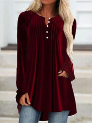 Women's Solid Color Velvet Pleated Asymmetrical Hem Long Sleeve Shirts - Image 4