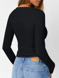 Solid Color Striped Buttons Pullover Slim-fit Long Sleeve Shirts for Women - Image 11