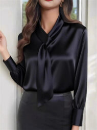 Ladies' Elegant Satin Solid Color Lace Up Long Sleeve Blouses - Image 5