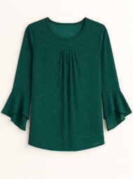 Women's Solid Color Mesh Patchwork Bling 3/4 Flare Sleeve Shirt