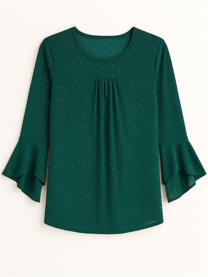 919062cbc18c286728f8e6ea6c90bbff Women's Solid Color Mesh Patchwork Bling 3/4 Flare Sleeve Shirt - Image 1