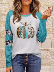 Women's Casual Halloween Pumpkin Pattern Long Sleeve T-shirts - Image 2