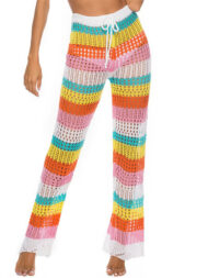 Summer Rainbow Contrast Color Hollow Knitted Beach Pants - Image 2