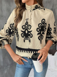 Ladies' Vintage Ethnic Style Printed Stand Collar Long Sleeve Blouses - Image 3