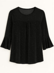 Women's Solid Color Mesh Patchwork Bling 3/4 Flare Sleeve Shirt - Image 3