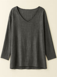 Women's Casual Distressed Solid Color Drop Shoulder V Neck Shirts - Image 2