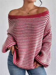 Comfy Autumn Elegant Contrast Color Striped Sabrina Collar Sweaters - Image 7