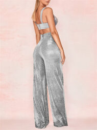 High Waist Bling Solid Color Wide Leg Pants for Women - Image 7