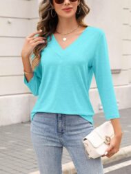 Women's 3/4 Length Sleeves V Neck Basic Tops (Buy 3 Free Shipping) - Image 3