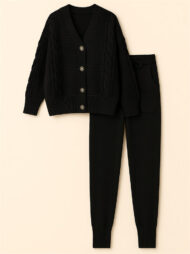 Women's Simple V-Neck Solid Color Pit Stripe Button Up Sweater Outfits - Image 4