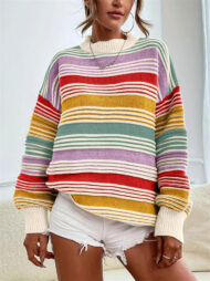 Women's Autumn Rainbow Color Striped Round Neck Sweaters - Image 7