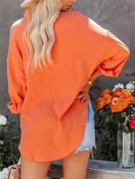 Women's Caual Candy Color Texture Button Up Long Sleeve Blouse - Image 7