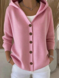 Autumn Candy Color Button Up Long Sleeve Hooded Sweaters for Women - Image 10
