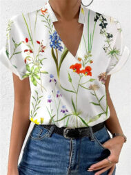 Women's Summer Floral Printed Stand Collar V Neck Short Sleeve Shirts - Image 5