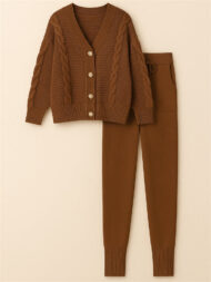 Women's Simple V-Neck Solid Color Pit Stripe Button Up Sweater Outfits - Image 3