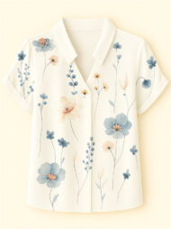 Women's Summer Floral Printed Stand Collar V Neck Short Sleeve Shirts