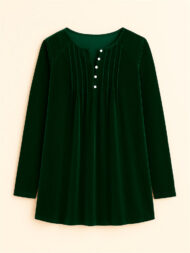 Women's Solid Color Velvet Pleated Asymmetrical Hem Long Sleeve Shirts - Image 2