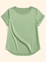Female's Summer Simple Solid Color Round Neck Short Sleeve Satin Shirts - Image 4