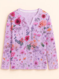 Women's Floral Print V-neck Pullover Long Sleeve Shirts - Image 2