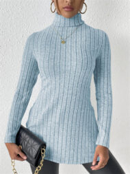 Ladies' Fitted High Neck Solid Color Pit Stripe Split Long-sleeved Sweaters - Image 9