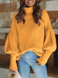 Women's Elegant Solid Color Turtle Neck Raglan Sleeve Knitted Sweater - Image 5