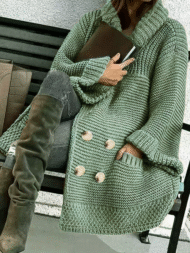 Plus Size Winter Solid Color Double Breasted Cardigan Knitted Sweaters - Image 5