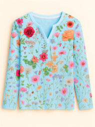 Women's Floral Print V-neck Pullover Long Sleeve Shirts - Image 4