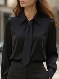 Ladies' Elegant Simple Solid Color Lapel Tie Long Sleeve Blouses - Image 8