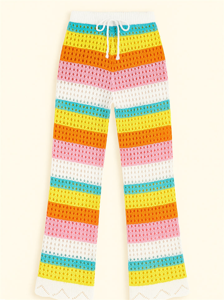 b82deb5093b48c95b66dfb4b5d8602de Summer Rainbow Contrast Color Hollow Knitted Beach Pants - Image 1