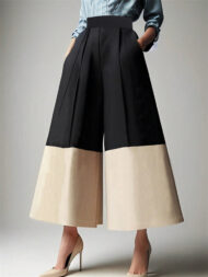 Trendy High Waist Contrast Color Pleated Wide Leg Pants for Women - Image 2