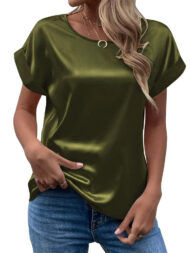 Female's Summer Simple Solid Color Round Neck Short Sleeve Satin Shirts - Image 10