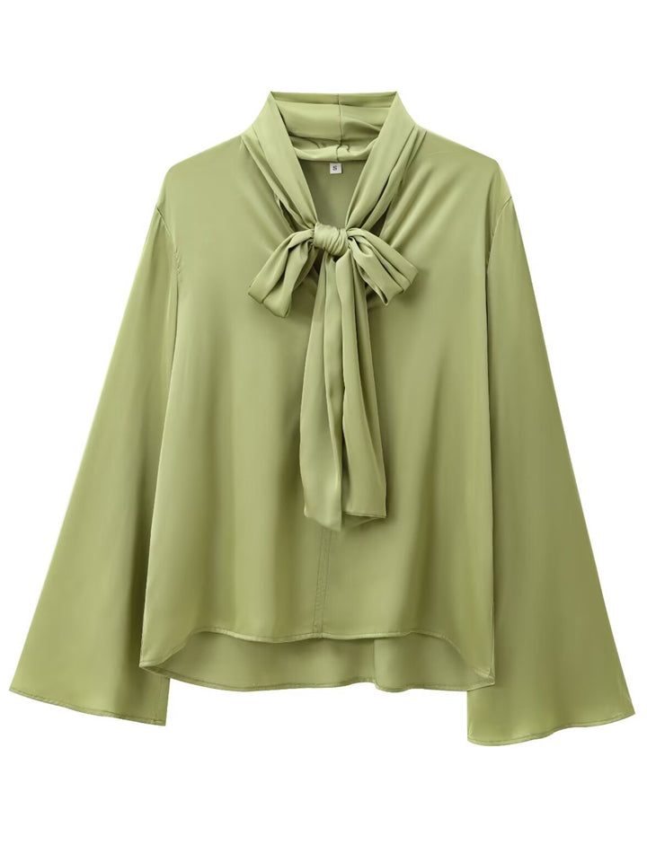 bac16b66821f04eb11449fbf94d30e33 Women's Long Sleeve Elegant Blouses with Lace Up Neck Tie - Image 1