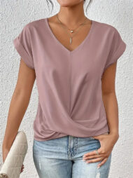 Women's Summer V Neck Simple Solid Color Short Sleeve T-Shirts - Image 9