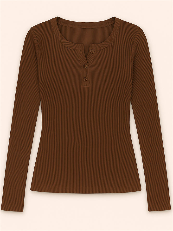 bb9ece395bca20b9d656632fcb017141 Solid Color Striped Buttons Pullover Slim-fit Long Sleeve Shirts for Women - Image 1