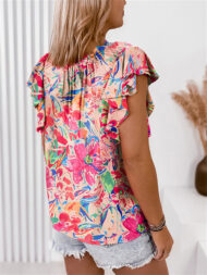 Women's Summer Boho Style Floral Print Ruffled Short Sleeve Shirts - Image 4