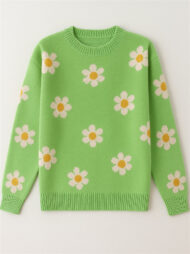 Women's Trendy Floral Printed Round Neck Puff Sleeve Sweaters