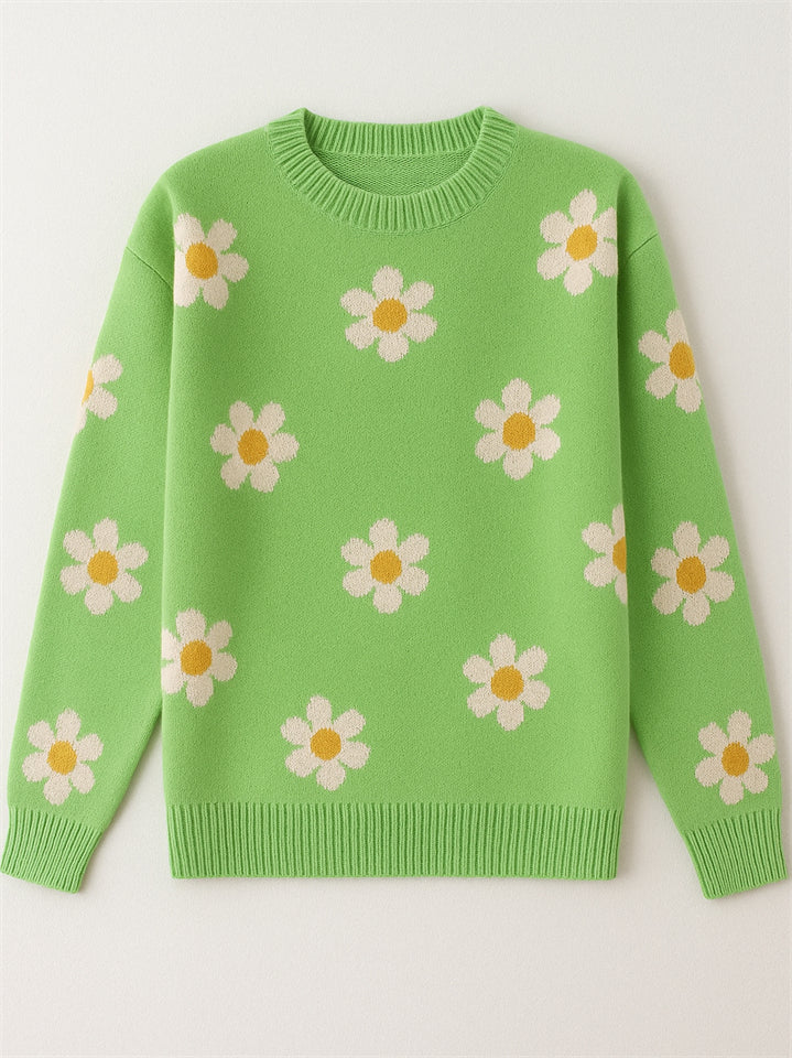 bfdc06e7083ece5eed393533b1fe3a3e Women's Trendy Floral Printed Round Neck Puff Sleeve Sweaters - Image 1