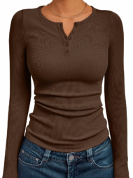 Solid Color Striped Buttons Pullover Slim-fit Long Sleeve Shirts for Women - Image 9