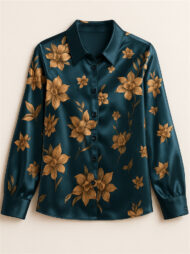 Elegant Golden Floral Printed Satin Slim Fit Long Sleeve Shirts