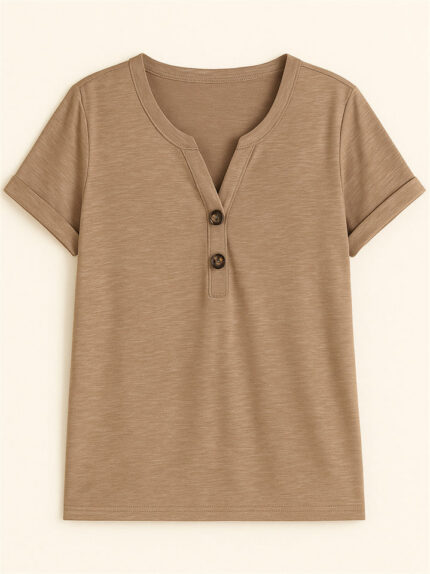 Women's Summer Casual V Neck Buttons Pullover Short Sleeve Shirts
