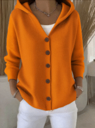 Autumn Candy Color Button Up Long Sleeve Hooded Sweaters for Women - Image 11