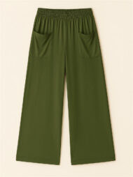 Simple Solid Color Pockets Elastic Hight Waist Wide Leg Pants for Women - Image 4