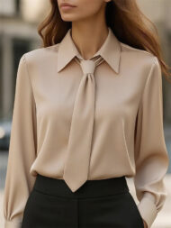 Ladies' Elegant Simple Solid Color Lapel Tie Long Sleeve Blouses - Image 7