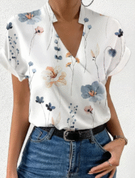 Women's Summer Floral Printed Stand Collar V Neck Short Sleeve Shirts - Image 4