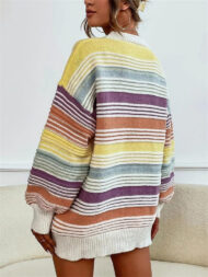 Women's Autumn Rainbow Color Striped Round Neck Sweaters - Image 10