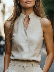 Ladies' Simple Elegant Solid Color V Neck Pullover Sleeveless Blouses - Image 3