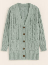 Women's Solid Color Ribbed Knit Button Up Cardigan Sweater with Pockets