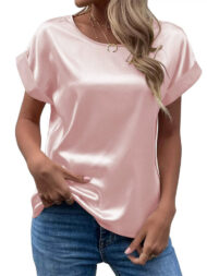 Female's Summer Simple Solid Color Round Neck Short Sleeve Satin Shirts - Image 11