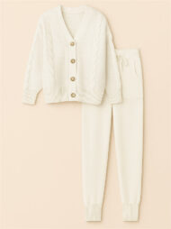 Women's Simple V-Neck Solid Color Pit Stripe Button Up Sweater Outfits - Image 5